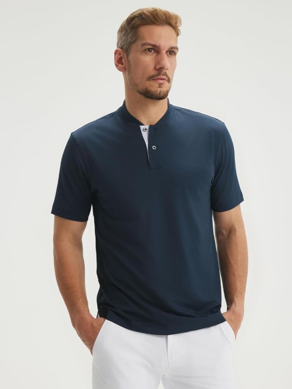 Mens Navy Collarless Golf Shirt Short Sleeve Dry Fit Moisture Wicking Henley Tee - Picture 2 of 6